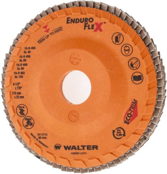 WALTER Surface Technologies - 40 Grit, 4-1/2" Disc Diam, 7/8" Center Hole, Zirconia Alumina Flap Disc - 13,300 Max RPM, Plastic Backing, Arbor Attaching System, Coated - Caliber Tooling