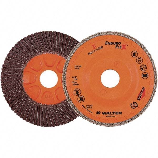 WALTER Surface Technologies - 80 Grit, 4-1/2" Disc Diam, 7/8" Center Hole, Zirconia Alumina Flap Disc - 13,300 Max RPM, Plastic Backing, Arbor Attaching System, Coated - Caliber Tooling