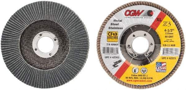 Camel Grinding Wheels - 80 Grit, 4-1/2" Disc Diam, 7/8" Center Hole, Type 29 Zirconia Alumina Flap Disc - 13,300 Max RPM, Poly Cotton Backing, Arbor Attaching System, Coated - Caliber Tooling