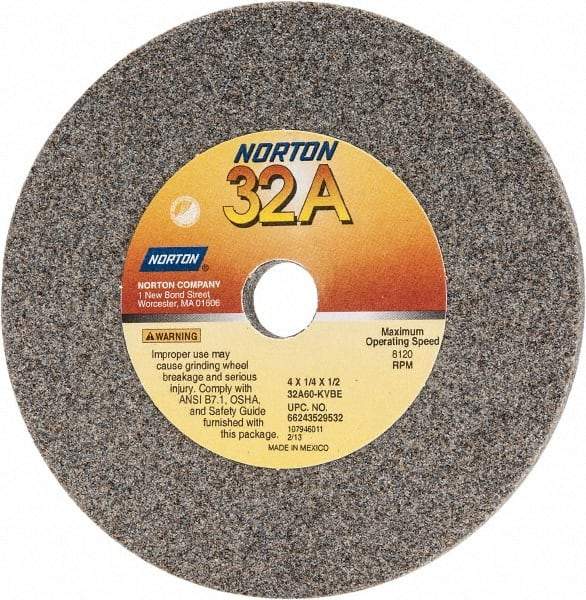 Norton - 60 Grit Aluminum Oxide Type 1 Internal Grinding Wheel - 4" Diam x 1/2" Hole x 1/4" Thick, 8,120 Max RPM, Type 1 Medium Grade, K Hardness, Vitrified Bond - Caliber Tooling