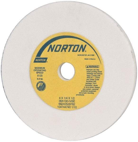 Norton - 100 Grit Aluminum Oxide Type 1 Internal Grinding Wheel - 4" Diam x 1/2" Hole x 1/4" Thick, 8,120 Max RPM, Type 1 Fine Grade, I Hardness, Vitrified Bond, No Recess - Caliber Tooling