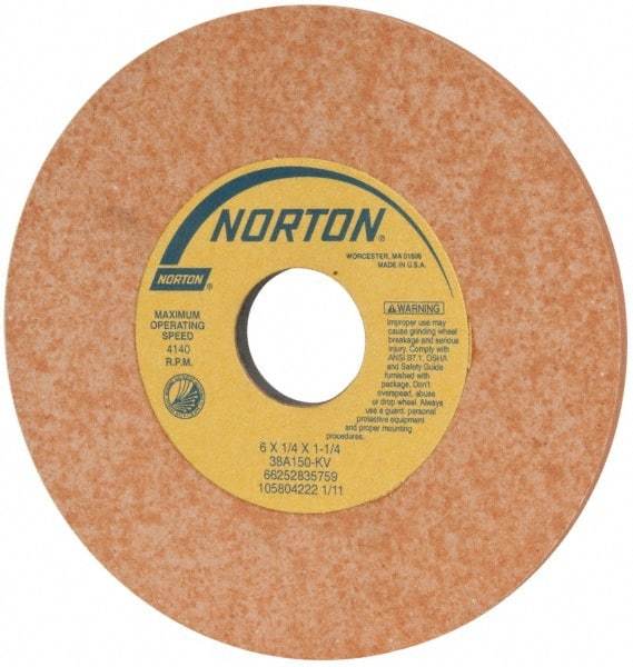 Norton - 6" Diam x 1-1/4" Hole x 1/4" Thick, K Hardness, 150 Grit Surface Grinding Wheel - Aluminum Oxide, Type 1, Very Fine Grade, 4,140 Max RPM, Vitrified Bond, No Recess - Caliber Tooling