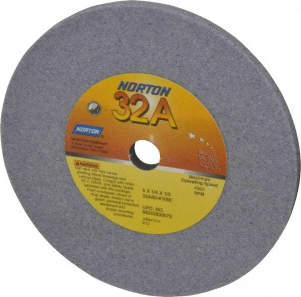 Norton - 60 Grit Aluminum Oxide Type 1 Internal Grinding Wheel - 5" Diam x 1/2" Hole x 1/4" Thick, 4965 Max RPM, Type 1 Medium Grade, K Hardness, Vitrified Bond, No Recess - Caliber Tooling