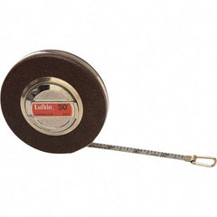 Lufkin - 50' x 3/8" White Steel Blade Tape Measure - 1/10 & 1/100" Graduation, Inch Graduation Style, Brown Vinyl Clad Steel Case - Caliber Tooling