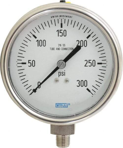 Wika - 4" Dial, 1/4 Thread, 0-300 Scale Range, Pressure Gauge - Lower Connection Mount, Accurate to 1% of Scale - Caliber Tooling