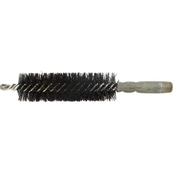 Brush Research Mfg. - 7/16" Diam Helical Nylon Tube Brush - Single Spiral, 0.01" Filament Diam, 2" Brush Length, 2-9/16" OAL, 0.14" Diam Galvanized Steel Shank - Caliber Tooling