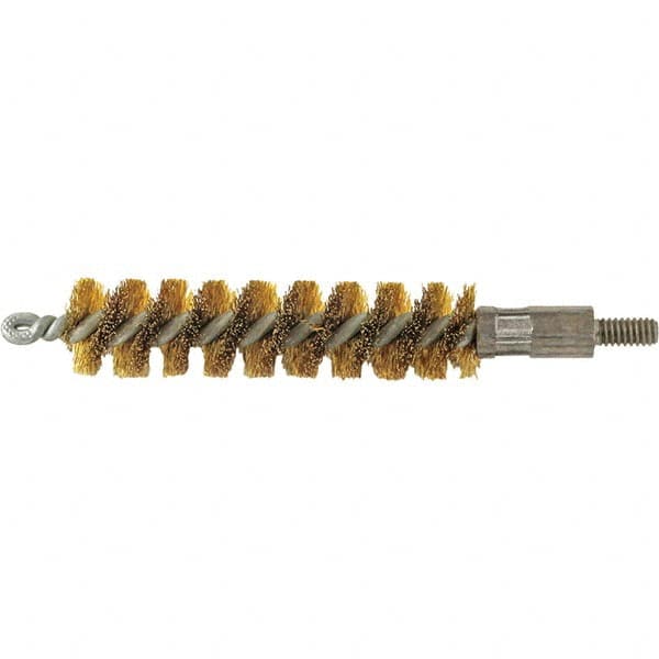 Brush Research Mfg. - 19/32" Diam Helical Brass Tube Brush - Single Spiral, 0.005" Filament Diam, 2" Brush Length, 2-9/16" OAL, 0.14" Diam Galvanized Steel Shank - Caliber Tooling