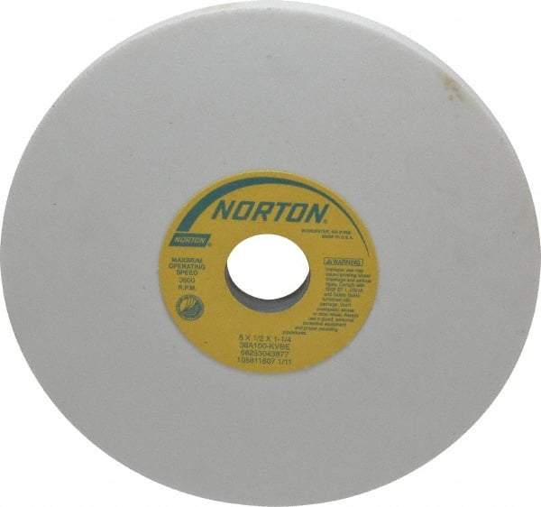 Norton - 8" Diam x 1-1/4" Hole x 1/2" Thick, K Hardness, 100 Grit Surface Grinding Wheel - Aluminum Oxide, Type 1, Fine Grade, 3,600 Max RPM, Vitrified Bond, No Recess - Caliber Tooling