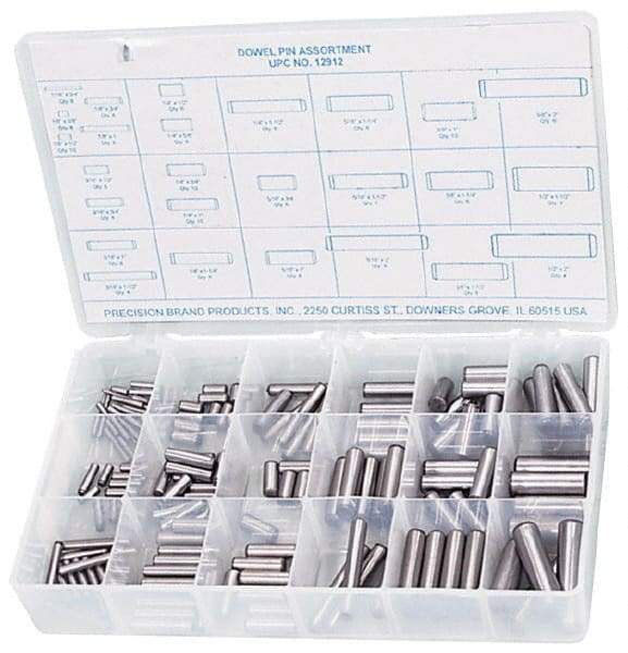 Precision Brand - 176 Piece, 1/16 to 1/2" Pin Diam, Dowel Pin Assortment - 1/2 to 2" Long, Steel, Uncoated - Caliber Tooling