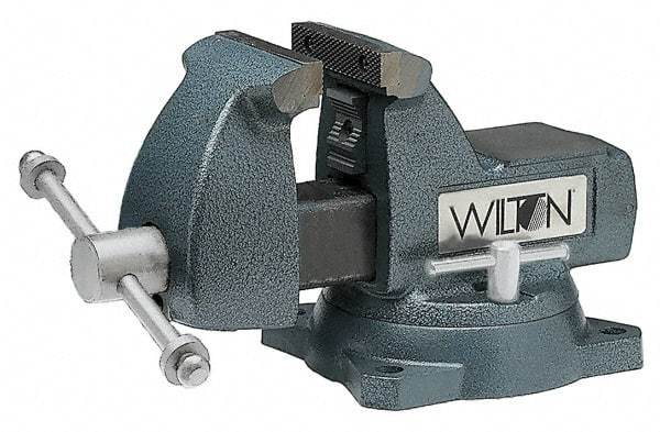 Wilton - 8" Jaw Width x 8-1/4" Jaw Opening Capacity, 4-3/4" Throat Depth, Bench & Pipe Combination Vise - 1/4 to 3-1/2" Pipe Capacity, Swivel Base, Bolt Down Attachment, Ductile Iron - Caliber Tooling