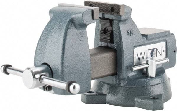 Wilton - 4" Jaw Width x 4-1/2" Jaw Opening Capacity, 3-7/16" Throat Depth, Bench & Pipe Combination Vise - 1/4 to 2" Pipe Capacity, Swivel Base, Bolt Down Attachment, Ductile Iron - Caliber Tooling