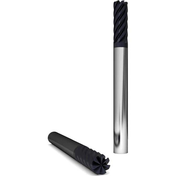 Corner Radius End Mill: 3/8″ Dia, 1-1/2″ LOC, 0.03″ Radius, 7 Flutes, Solid Carbide 4″ OAL, 3/8″ Shank Dia, 38 ° Helix, AlCr Coated, Corner Radius End, Series 2215