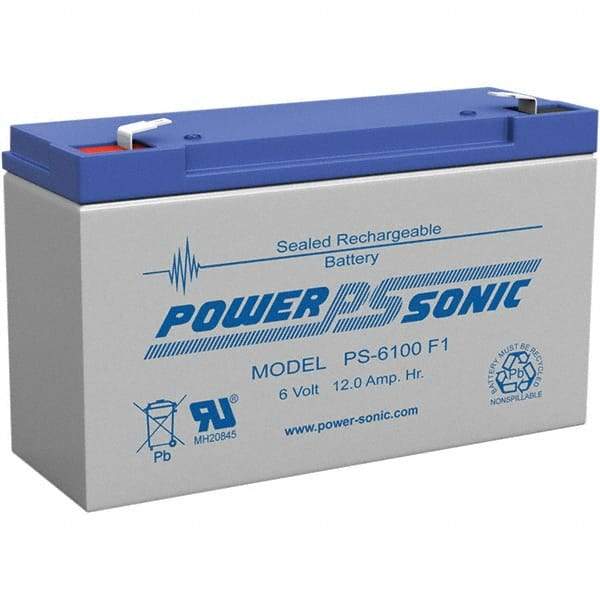 Power-Sonic - Lead-Acid, Quick-Disconnect Tab Terminal, 6 Volt, 12 Amp, Lead Rechargeable Battery - 1/4" Tab Width x 0.8mm Tab Thickness, 2" Wide x 3.7" High x 5.95" Deep - Caliber Tooling