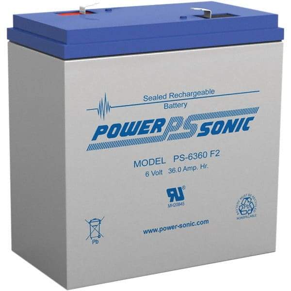 Power-Sonic - Lead-Acid, Quick-Disconnect Tab Terminal, 6 Volt, 36 Amp, Lead Rechargeable Battery - 1/4" Tab Width x 0.8mm Tab Thickness, 3.35" Wide x 6-1/2" High x 6-1/4" Deep - Caliber Tooling