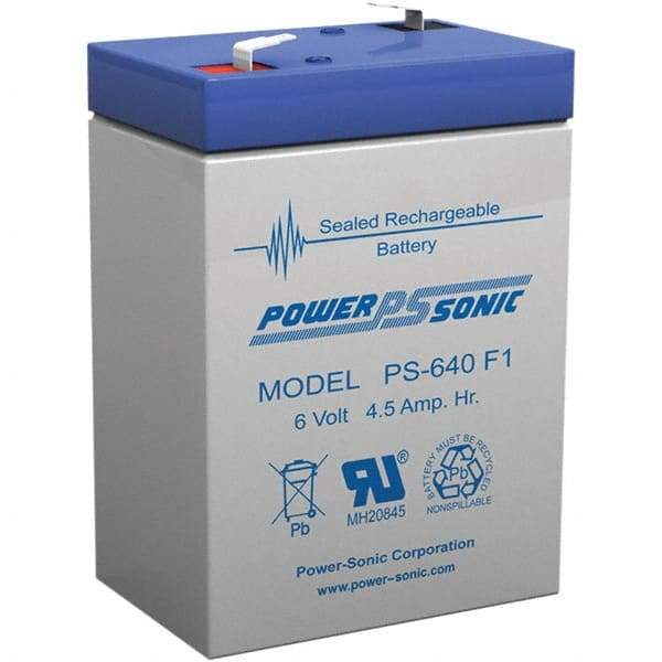 Power-Sonic - Lead-Acid, Quick-Disconnect Tab Terminal, 6 Volt, 4.5 Amp, Lead Rechargeable Battery - 3/16" Tab Width x 0.8mm Tab Thickness, 1.86" Wide x 3.94" High x 2.76" Deep - Caliber Tooling