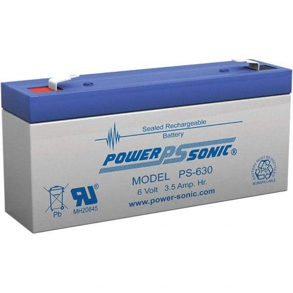 Power-Sonic - Lead-Acid, Quick-Disconnect Tab Terminal, 6 Volt, 3.5 Amp, Lead Rechargeable Battery - 3/16" Tab Width x 0.8mm Tab Thickness, 1.34" Wide x 2.35" High x 5.28" Deep - Caliber Tooling