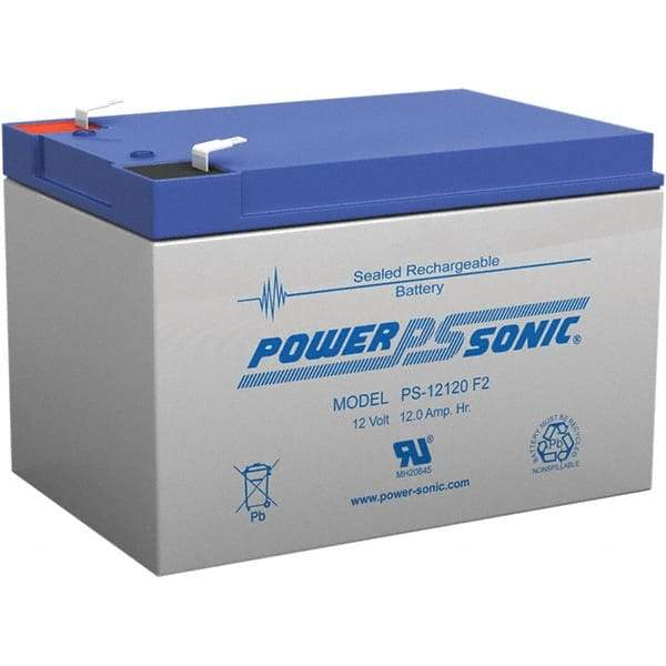 Power-Sonic - Lead-Acid, Quick-Disconnect Tab Terminal, 12 Volt, 12 Amp, Lead Rechargeable Battery - 1/4" Tab Width x 0.8mm Tab Thickness, 3.86" Wide x 3.7" High x 5.95" Deep - Caliber Tooling