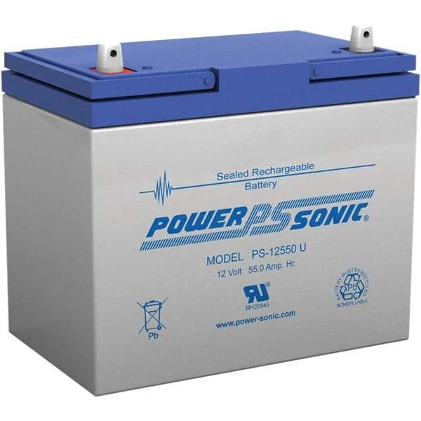 Power-Sonic - Lead-Acid, Nut/Bolt Terminal, 12 Volt, 55 Amp, Lead Rechargeable Battery - 6mm Hole Diam, 13mm Tab Thickness, 5.45" Wide x 8.15" High x 9.04" Deep - Caliber Tooling