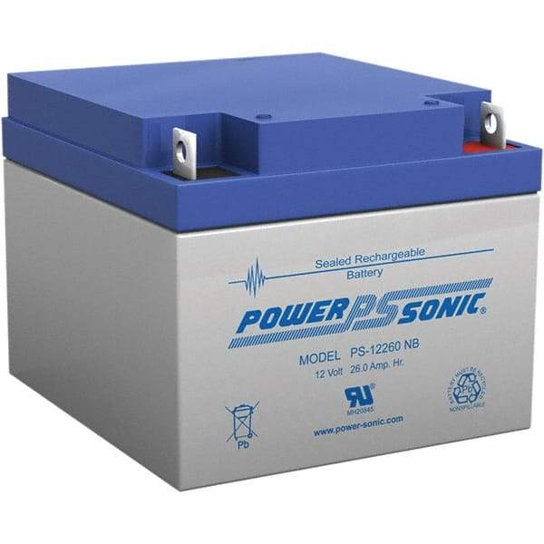 Power-Sonic - Lead-Acid, Nut/Bolt Terminal, 12 Volt, 26 Amp, Lead Rechargeable Battery - 5mm Hole Diam, 2mm Tab Thickness, 6.97" Wide x 4.92" High x 6.56" Deep - Caliber Tooling