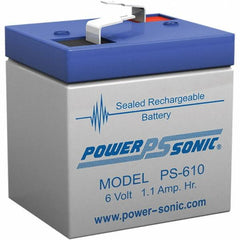 Power-Sonic - Lead-Acid, Quick-Disconnect Tab Terminal, 6 Volt, 1.1 Amp, Lead Rechargeable Battery - 3/16" Tab Width x 0.8mm Tab Thickness, 1.65" Wide x 2" High x 2" Deep - Caliber Tooling