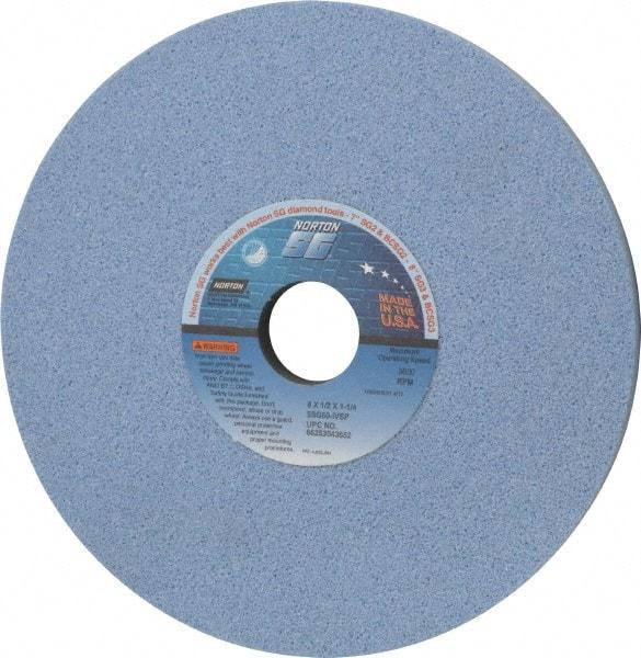 Norton - 8" Diam x 1-1/4" Hole x 1/2" Thick, I Hardness, 60 Grit Surface Grinding Wheel - Ceramic, Type 1, Medium Grade, 3,600 Max RPM, Vitrified Bond, No Recess - Caliber Tooling