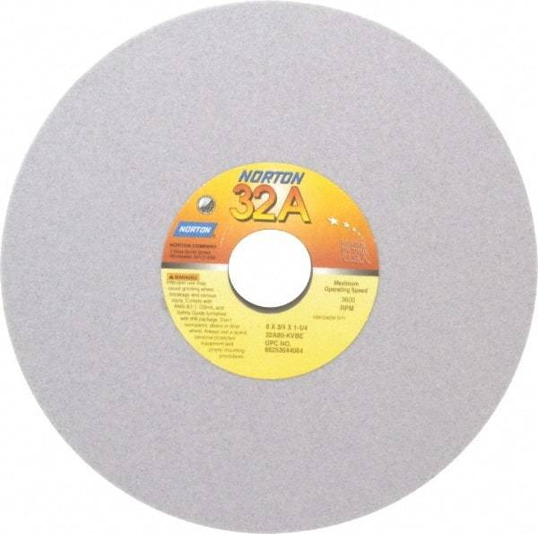 Norton - 8" Diam x 1-1/4" Hole x 3/4" Thick, K Hardness, 80 Grit Surface Grinding Wheel - Aluminum Oxide, Type 1, Medium Grade, 3,600 Max RPM, Vitrified Bond, No Recess - Caliber Tooling