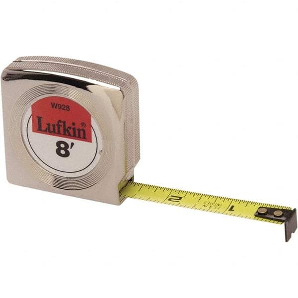 Lufkin - 12' x 3/4" Yellow Steel Blade Tape Measure - 1/16" Graduation, Inch Graduation Style, Chrome ABS Plastic Case - Caliber Tooling