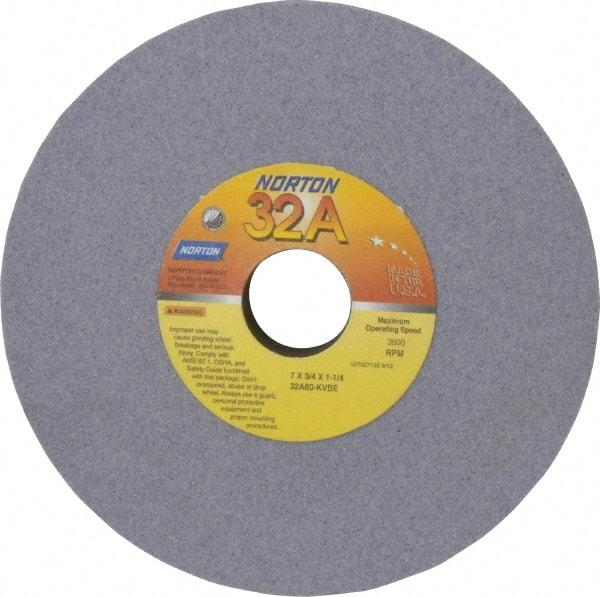 Norton - 7" Diam x 1-1/4" Hole x 3/4" Thick, K Hardness, 80 Grit Surface Grinding Wheel - Aluminum Oxide, Medium Grade, 3,600 Max RPM, Vitrified Bond - Caliber Tooling