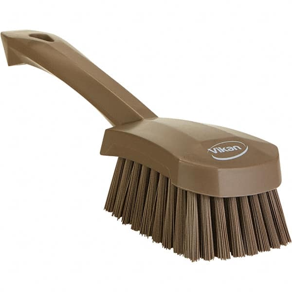 Vikan - 1.3" Bristle Length, Polyester Scrub Brush - 4-1/4" Long x 2-3/4" Wide Head, 10" OAL, Ergonomic Handle, Brown, Polypropylene Block - Caliber Tooling