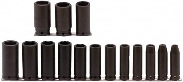 Proto - 15 Piece 1/2" Drive Deep Well Impact Socket Set - 6 Points, 3/8" to 1-1/4" Range, Inch Measurement Standard - Caliber Tooling