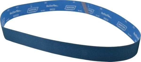 Norton - 2-1/2" Wide x 60" OAL, 60 Grit, Zirconia Alumina Abrasive Belt - Zirconia Alumina, Medium, Coated, X Weighted Cloth Backing, Series R823 - Caliber Tooling