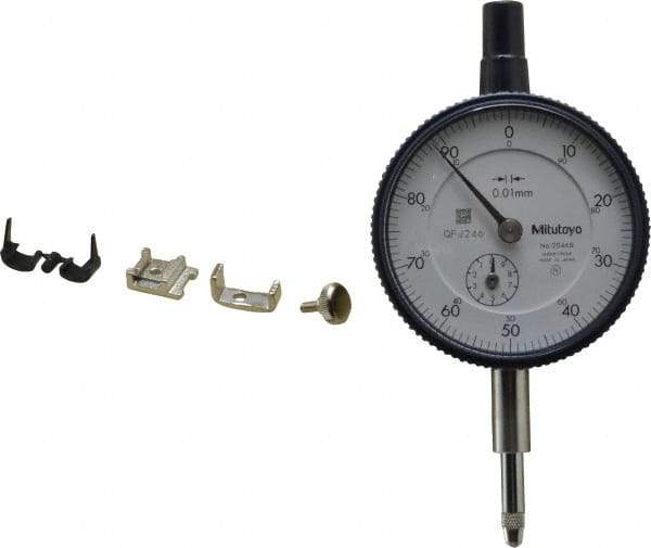 Mitutoyo - 10mm Range, 0-100 Dial Reading, 0.01mm Graduation Dial Drop Indicator - 2-3/16" Dial, 1mm Range per Revolution, 0.013mm Accuracy, Revolution Counter - Caliber Tooling