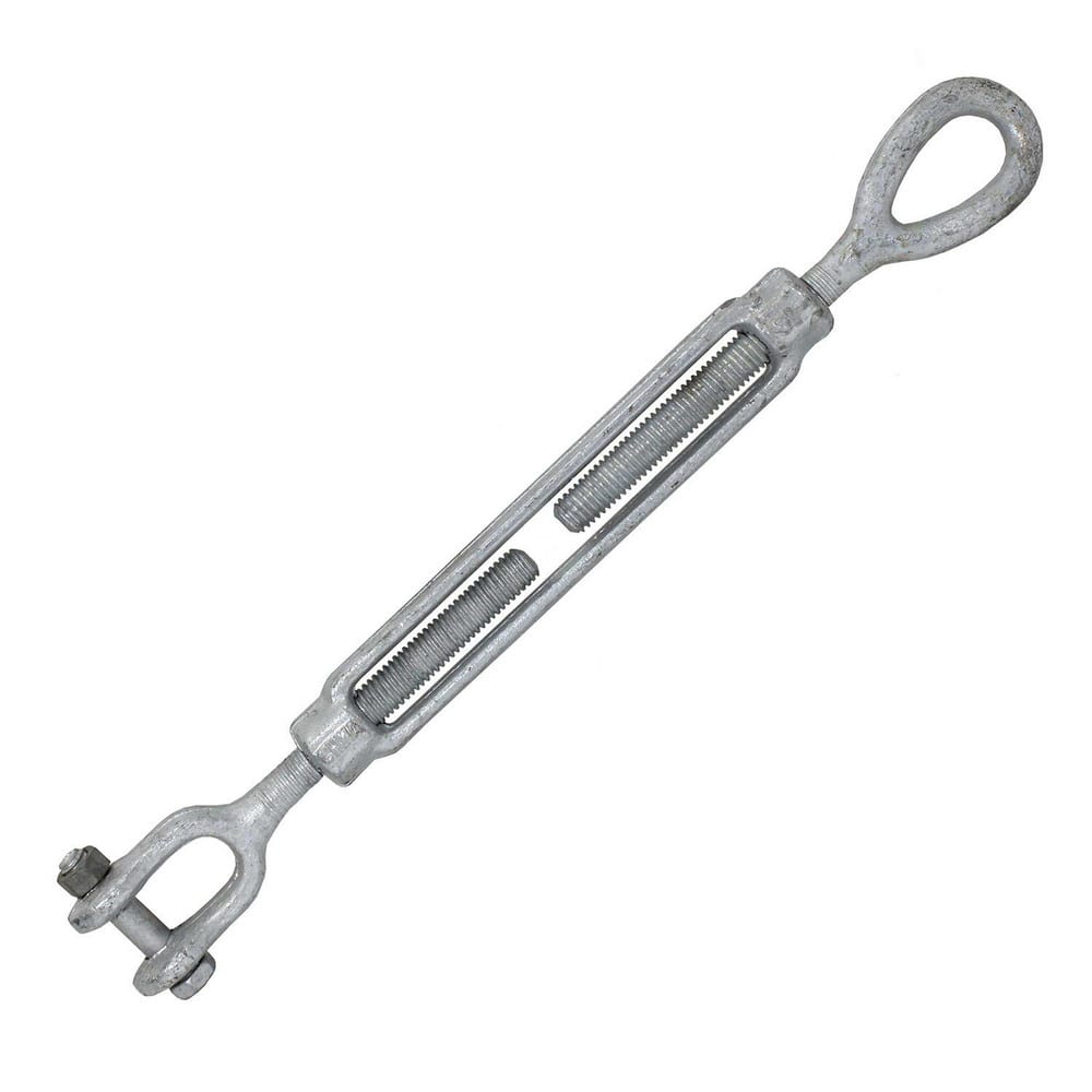 Turnbuckles; Turnbuckle Type: Jaw & Eye; Working Load Limit: 3500 lb; Thread Size: 5/8-9 in; Turn-up: 9 in; Closed Length: 18.28 in; Material: Steel; Finish: Galvanized