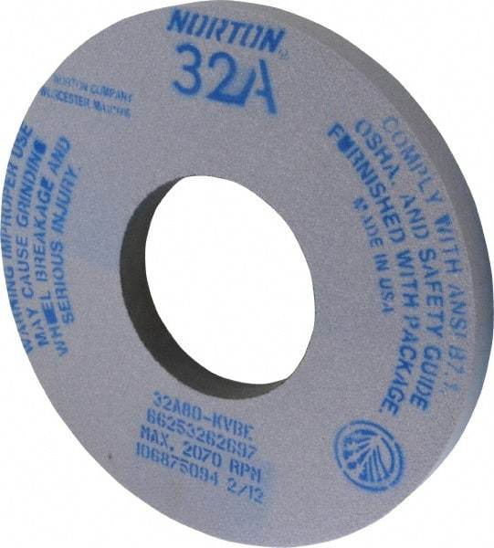 Norton - 12" Diam x 5" Hole x 1" Thick, K Hardness, 80 Grit Surface Grinding Wheel - Aluminum Oxide, Type 1, Medium Grade, 2,070 Max RPM, Vitrified Bond, No Recess - Caliber Tooling