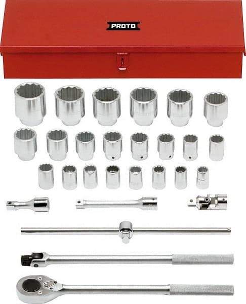 Proto - 28 Piece 3/4" Drive Chrome Finish Socket Set - 12 Points, 21mm to 60mm Range, Metric Measurement Standard - Caliber Tooling