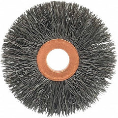 Brush Research Mfg. - 3-1/2" OD, 1/2" Arbor Hole, Crimped Stainless Steel Wheel Brush - 5/8" Face Width, 5/16" Trim Length, 20,000 RPM - Caliber Tooling