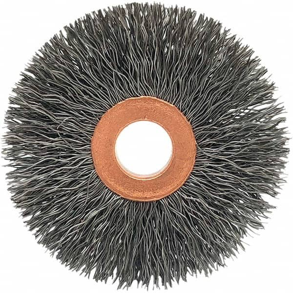 Brush Research Mfg. - 2-1/2" OD, 1/2" Arbor Hole, Crimped Carbon Wheel Brush - 1/2" Face Width, 3/4" Trim Length, 20,000 RPM - Caliber Tooling