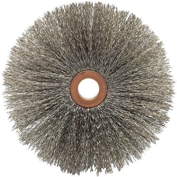 Brush Research Mfg. - 4" OD, 5/8" Arbor Hole, Crimped Stainless Steel Wheel Brush - 5/8" Face Width, 1-9/16" Trim Length, 20,000 RPM - Caliber Tooling