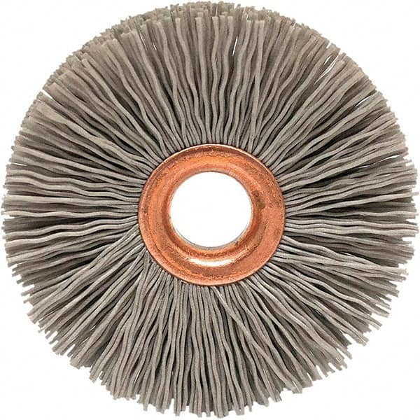 Brush Research Mfg. - 2-1/2" OD, 1/2" Arbor Hole, Crimped Abrasive Nylon Wheel Brush - 1/2" Face Width, 3/4" Trim Length, 20,000 RPM - Caliber Tooling