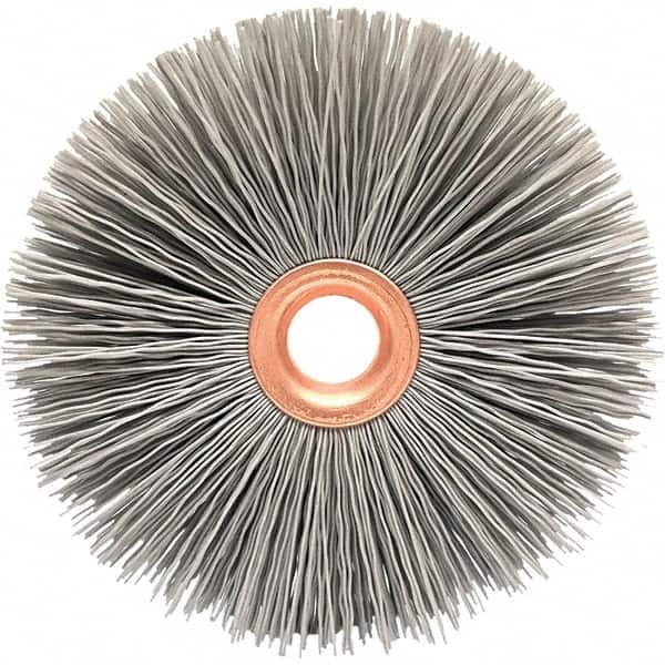 Brush Research Mfg. - 3" OD, 1/2" Arbor Hole, Crimped Abrasive Nylon Wheel Brush - 1/2" Face Width, 1" Trim Length, 20,000 RPM - Caliber Tooling