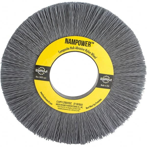 Brush Research Mfg. - 6" OD, 2" Arbor Hole, Crimped Abrasive Nylon Wheel Brush - 1" Face Width, 1-1/2" Trim Length, 3,600 RPM - Caliber Tooling