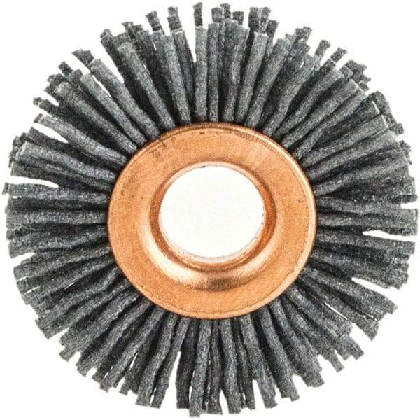 Brush Research Mfg. - 4" OD, 5/8" Arbor Hole, Crimped Abrasive Nylon Wheel Brush - 3/4" Face Width, 1-7/16" Trim Length, 20,000 RPM - Caliber Tooling