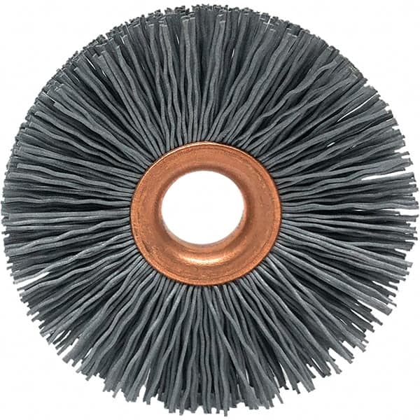 Brush Research Mfg. - 3" OD, 1/2" Arbor Hole, Crimped Abrasive Nylon Wheel Brush - 1/2" Face Width, 1" Trim Length, 20,000 RPM - Caliber Tooling