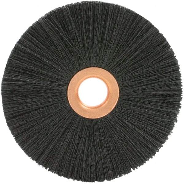 Brush Research Mfg. - 4" OD, 1/2" Arbor Hole, Crimped 6-12 Nylon Wheel Brush - 1/2" Face Width, 1-9/16" Trim Length, 20,000 RPM - Caliber Tooling