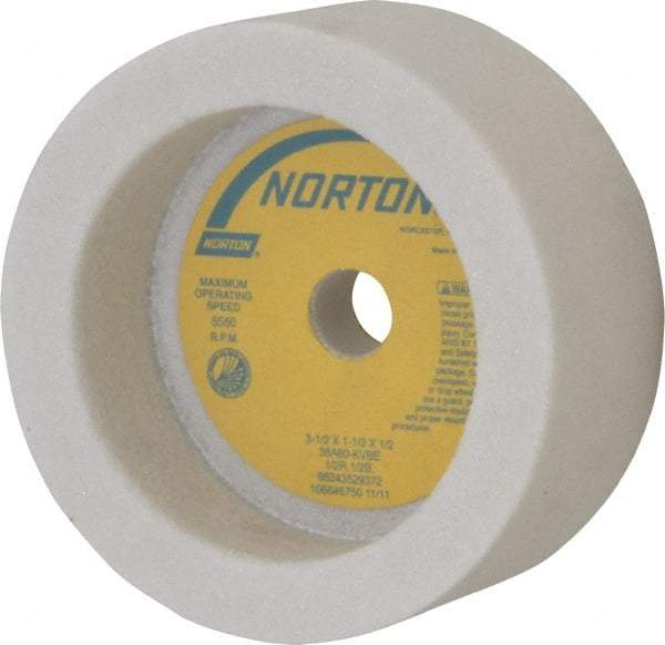 Norton - 3-1/2" Diam, 1/2" Hole Size, 1-1/2" Overall Thickness, 60 Grit, Type 6 Tool & Cutter Grinding Wheel - Medium Grade, Aluminum Oxide, K Hardness, Vitrified Bond, 6,550 RPM - Caliber Tooling