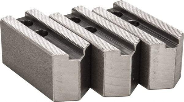 H & R Manufacturing - 1.5mm x 60° Serrated Attachment, Square Soft Lathe Chuck Jaw - 3 Jaws, Steel, 0.787" Btw Mount Hole Ctrs, 3-1/8" Long x 1-1/4" Wide x 1-1/2" High, 0.472" Groove, 10mm Fastener - Caliber Tooling