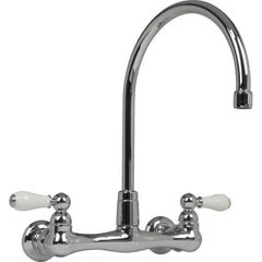 Lavatory Faucets; Type: Kitchen Faucet; Inlet Location: Back; Spout Type: Swivel Gooseneck; Inlet Pipe Size: 1-1/2 in; Design: Two Handle; Inlet Gender: Female; Handle Type: Lever; Maximum Flow Rate: 2.2; Mounting Centers: 8; Material: Brass; Drain Type: