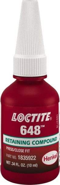 Loctite - 10 mL, Green, High Strength Gel Retaining Compound - Series 648, 24 hr Full Cure Time - Caliber Tooling