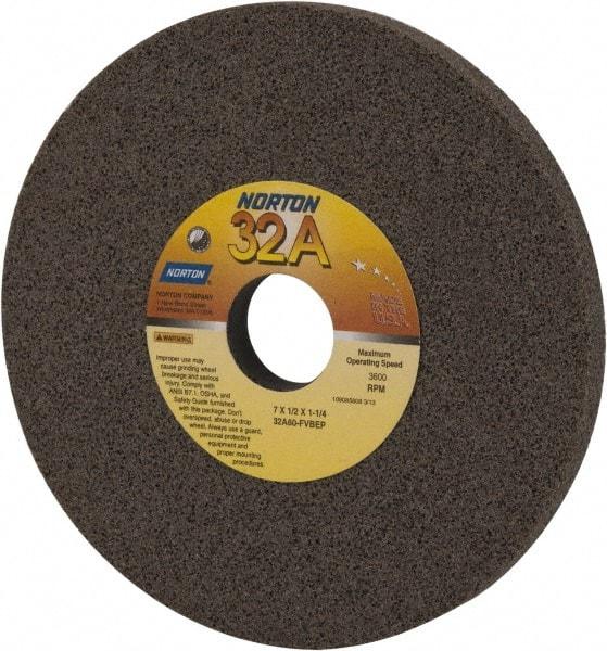 Norton - 7" Diam x 1-1/4" Hole x 1/2" Thick, F Hardness, 60 Grit Surface Grinding Wheel - Aluminum Oxide, Type 1, Medium Grade, 3,600 Max RPM, Vitrified Bond, No Recess - Caliber Tooling