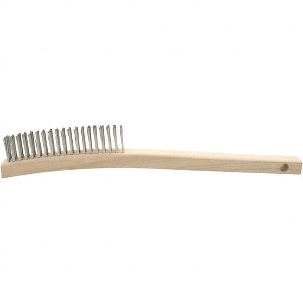 Brush Research Mfg. - 4 Rows x 19 Columns Stainless Steel Scratch Brush - 5-3/4" Brush Length, 13-3/4" OAL, 1-1/8 Trim Length, Wood Curved Back Handle - Caliber Tooling